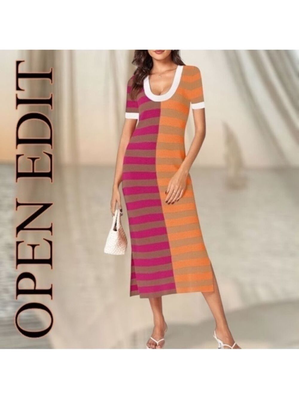 OPEN EDIT Striped ColorBlock Short Sleeve Scoop Neck Sweater Midi Dress NWT/MD